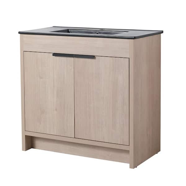Unbranded 35.7 in. W x 18.5 in. D x 34.1 in. H Freestanding Bath Vanity in Plain Light Oak with Black Ceramic Sink Top