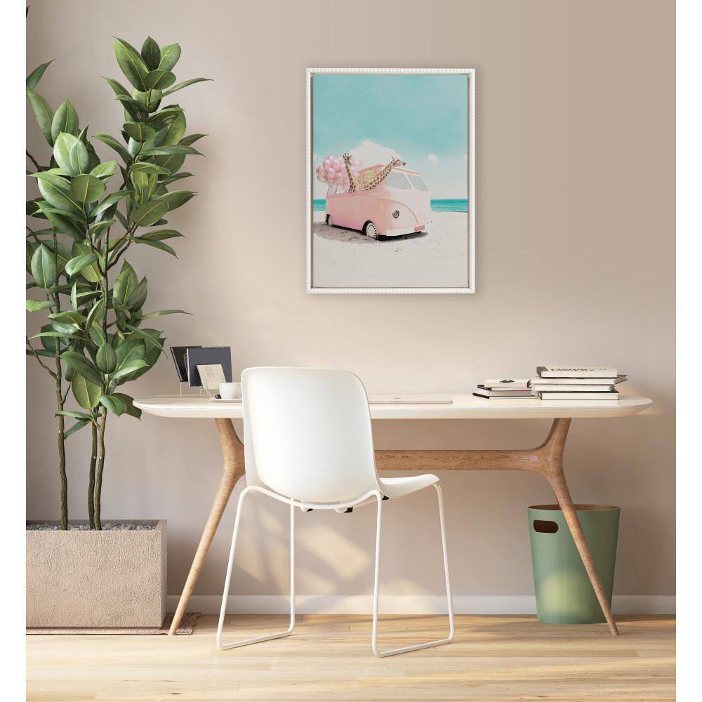 Whimsical Giraffe in Pink Van Beach Canvas Art, 18"x24"