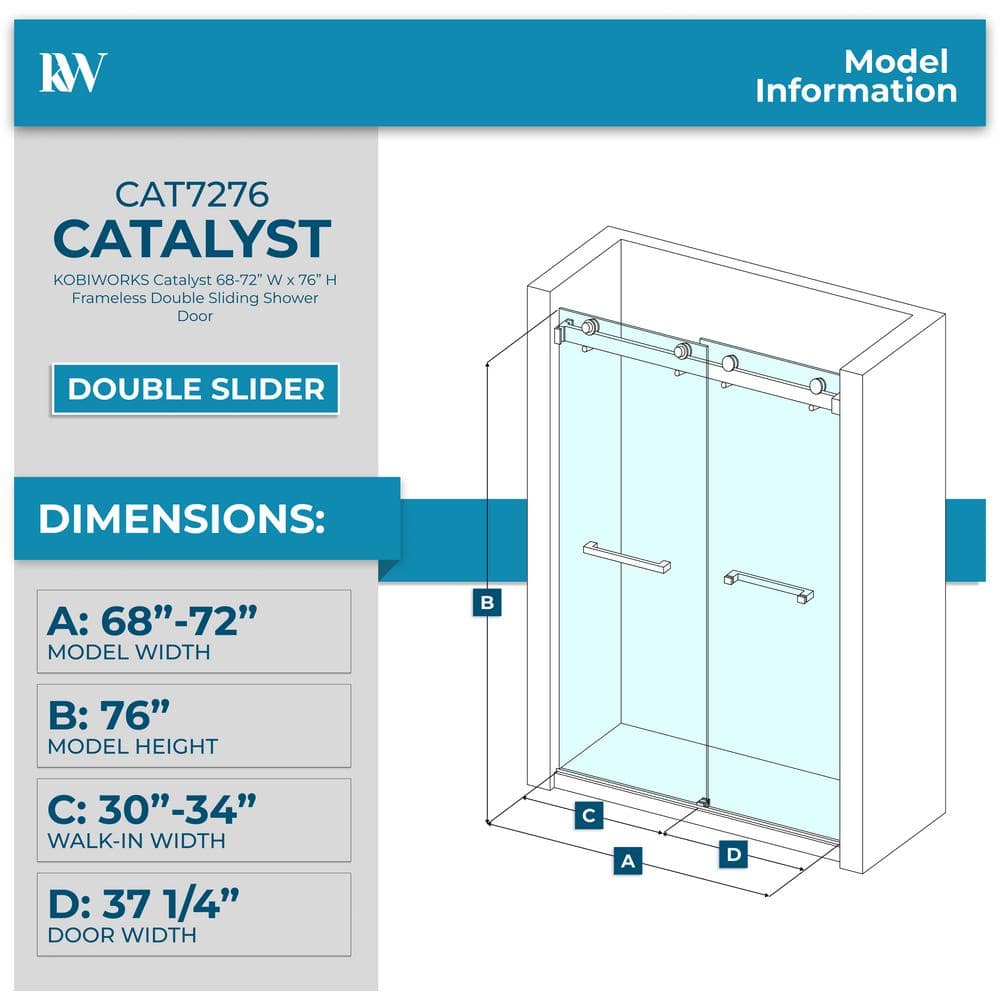 72-Inch Matte Black Frameless Double Sliding Shower Door with Clear Glass