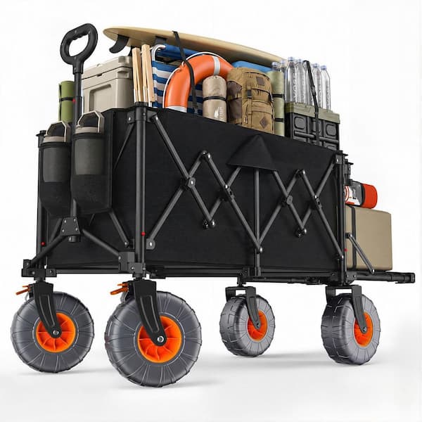 7.06 cu. ft. Steel Bin Garden Cart with Rear-Opening Tailgate, 440 lbs Load, Foldable, Big Wheels for Sand