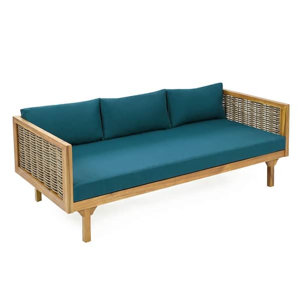 Tenleaf Claremont Colleges 3 Seater Teak Wood Rattan Armrests Outdoor Day Bed with Teal Blue Cushions
