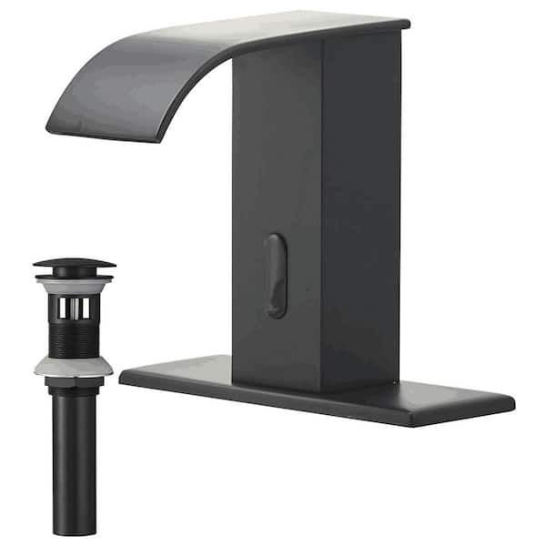 Automatic Sensor Touchless Single Hole Bathroom Sink Faucet with Deck Plate & Pop-Up Drain in Matte Black