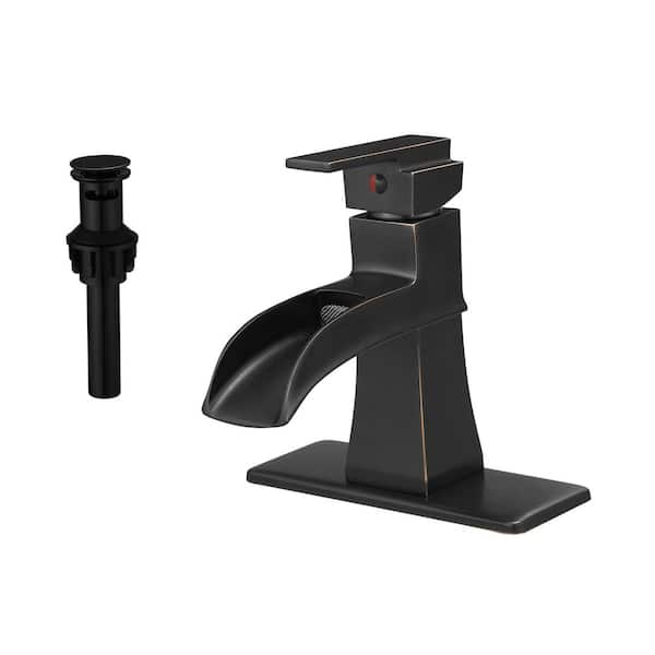 AIMADI Single Handle Single Hole Bathroom Faucet with Drain Assembly Waterfall Brass Bathroom Sink Faucets in Oil Rubbed Bronze