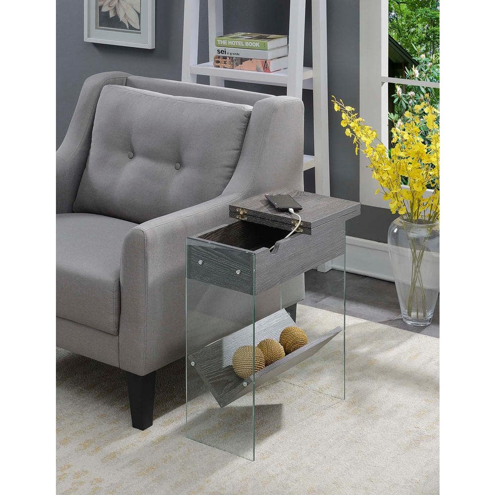 Weathered Gray Flip Top End Table with Charging Station and Glass Panels