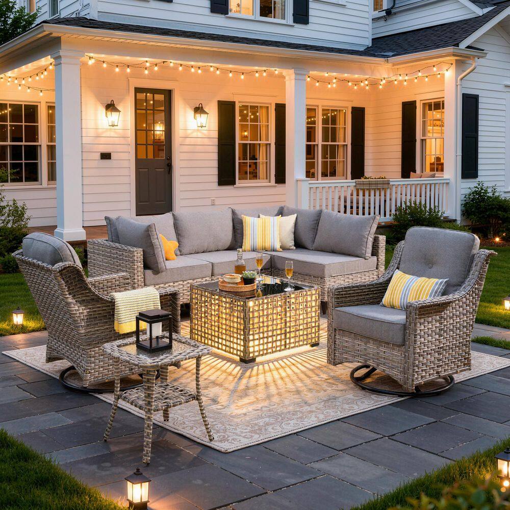 8-Piece Gray Wicker Outdoor Sectional Sofa Patio Conversation Set with Dark Gray Cushions and Swivel Chairs price history on PriceWatchPro