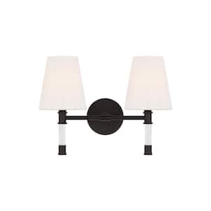 Hanover 15 in. W x 11 in. H 2-Light Aged Iron Dimmable Mid-Century Rustic Vanity Light with Milk Glass Shades
