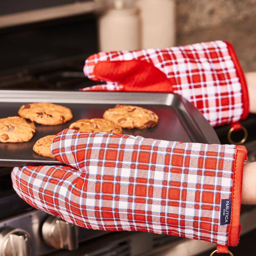 Red Plaid Cotton Oven Mitts with Silicone Palm, Set of 2