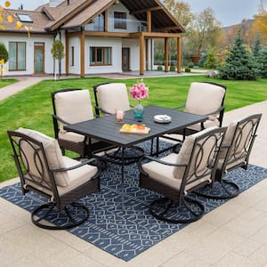 7-Piece Metal Outdoor Dining Set with CushionGuard Beige Cushions Wicker Swivel Rockers