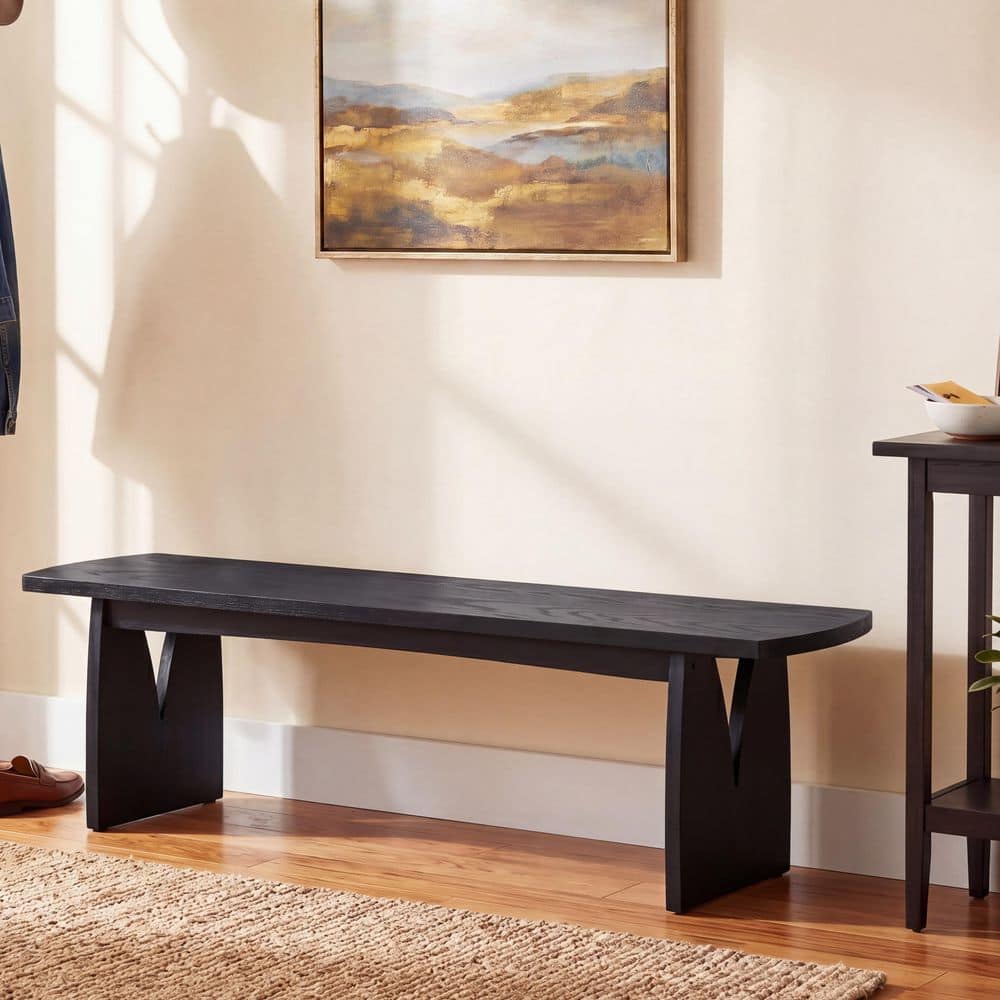 Jumanah 62.99 in. Black Entryway Bench with Acacia Legs