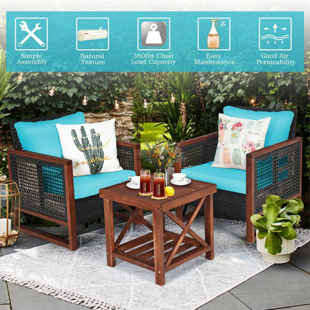 Turquoise Cushioned Armchair Set with Wooden Frame and Table