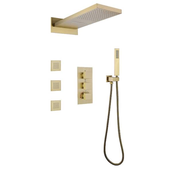 3-Spray 11 in. 3-Handle Wall Mount Fixed Shower Head and Handled Shower Head with 1.8 GPM in Brushed Gold