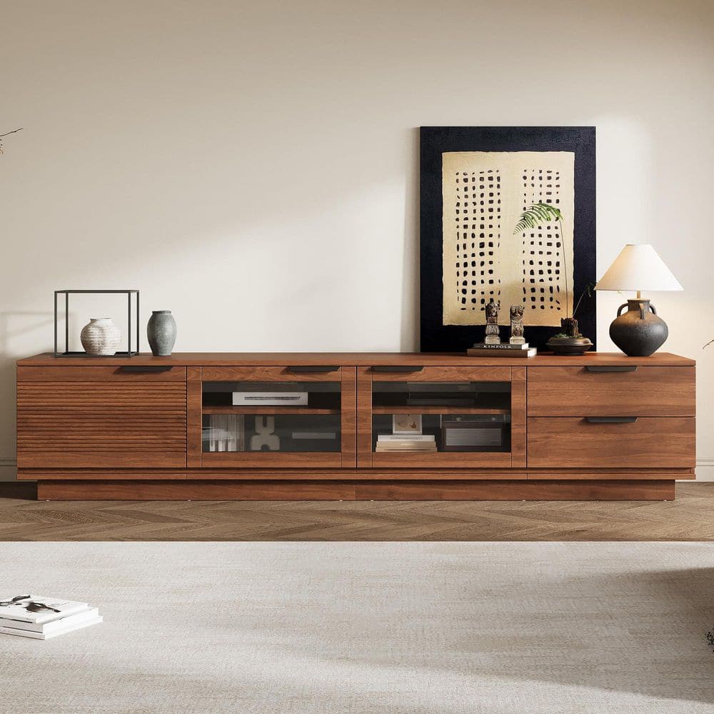 Modern Walnut MDF TV Stand Fits TVs up to 85 in. with Cable Management, 2 Drawers and Glass Doors