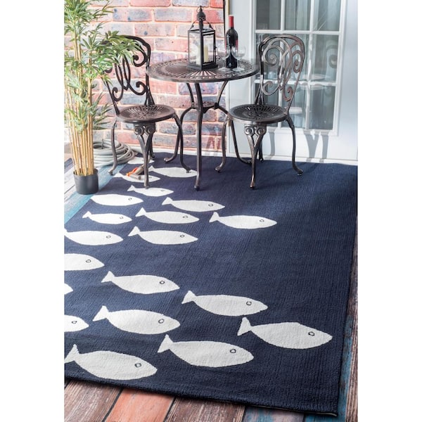 School of Fish Playmat Navy Doormat 3 ft. x 5 ft. Indoor/Outdoor Patio Area Rug