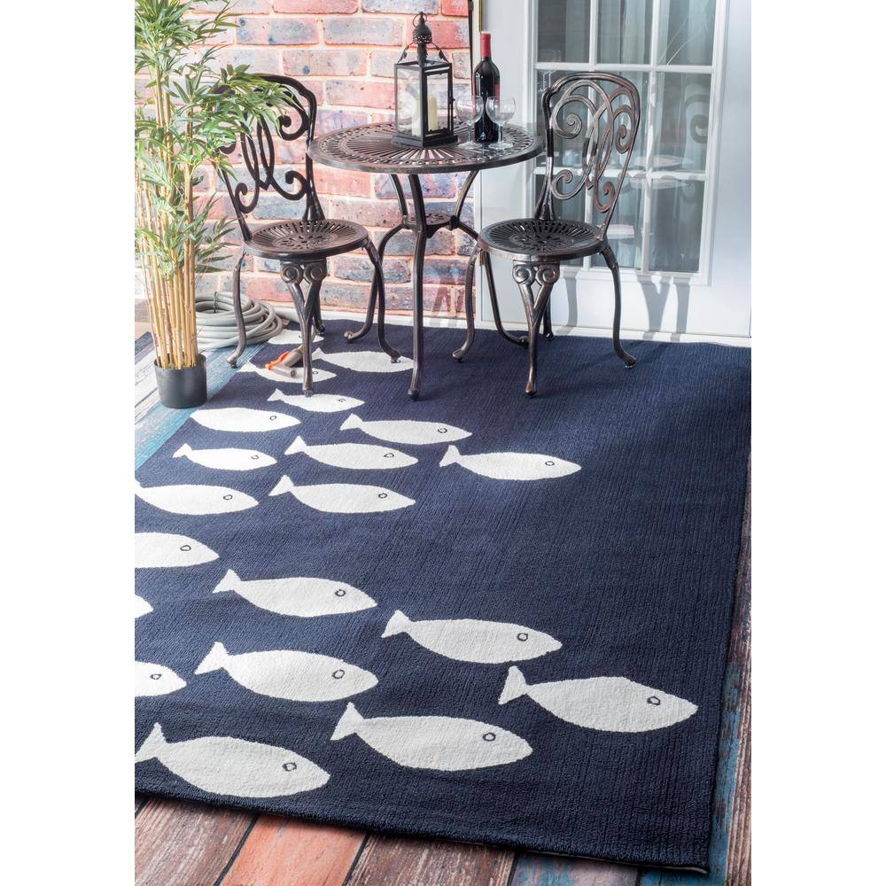 Navy and White Fish Pattern Indoor/Outdoor Rug