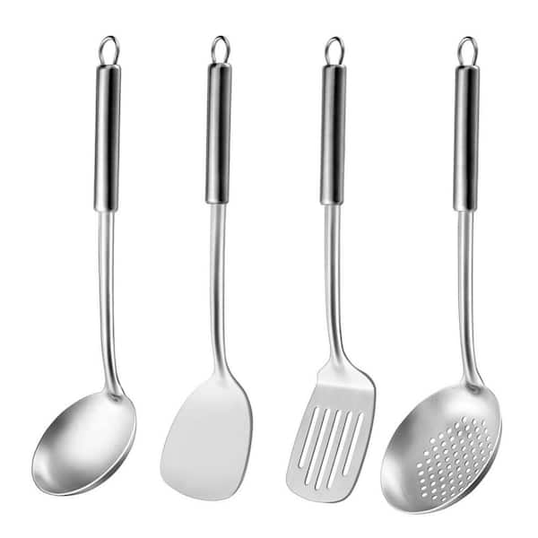 Stainless Steel Silver Finish Cooking Utensils Set with Ladle Slotted Spoon Spatula Dishwasher Safe 4-Piece