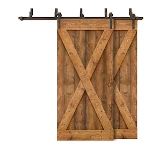 64 in. x 84 in. X Bypass Walnut Stained DIY Solid Knotty Wood Interior Double Sliding Barn Door with Hardware Kit