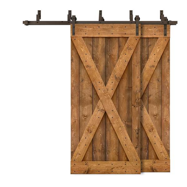 CALHOME 68 in. x 84 in. X Bypass Walnut Stained DIY Solid Knotty Wood Interior Double Sliding Barn Door with Hardware Kit