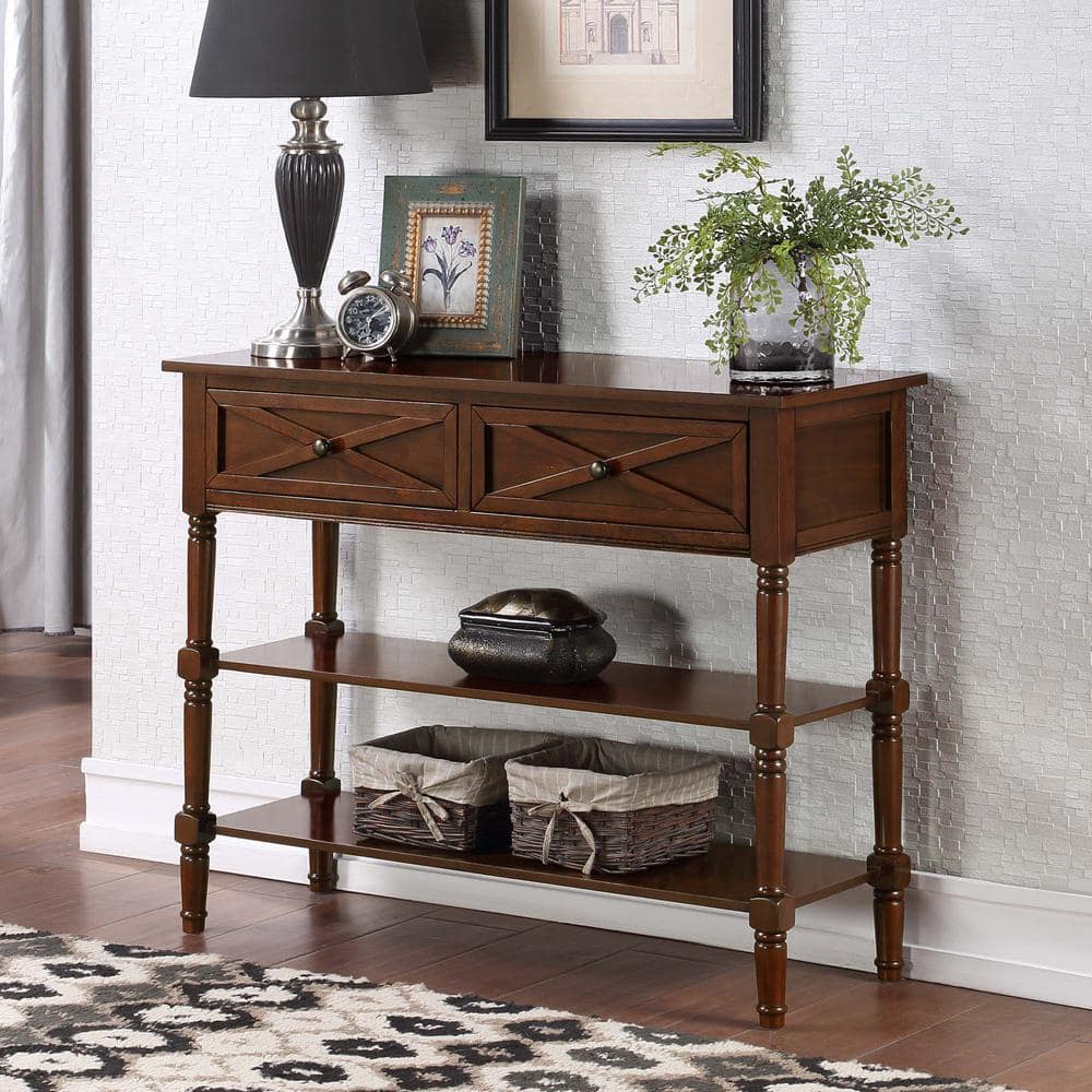 Espresso Wood Console Table with Storage and Shelves
