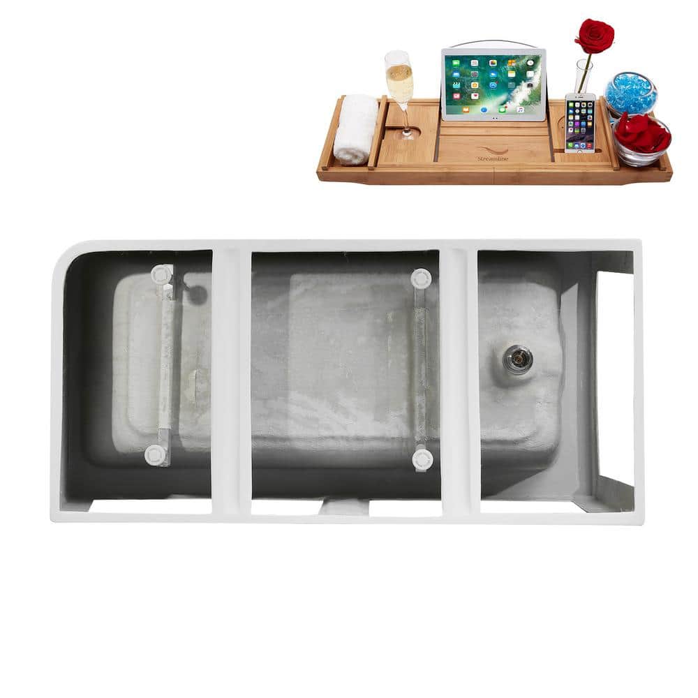 59" Glossy White Acrylic Freestanding Soaking Bathtub with Bamboo Tray