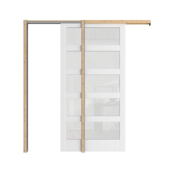 TENONER 30 in. x 80 in. 5 Lite Frosted Glass, Solid Core, DIY Painted, White Primed, MDF Sliding Door with All Hardware