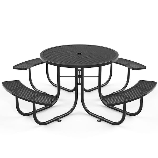 Siavonce Round Outdoor Steel Picnic Table 46 in. with Umbrella Pole, Black