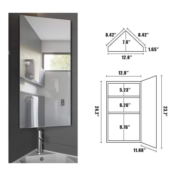 eclife 12.8 in. W x 24.2 in. H Rectangular Single Door Corner Surface Mount Frameless Medicine Cabinet with Mirror in White