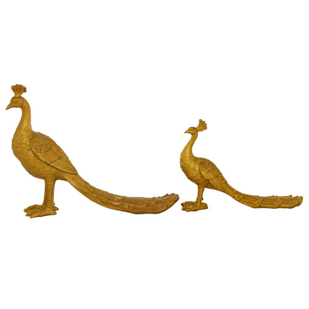 Gold Solid Peacock Animal Statue Duo, 11" & 8"H Resin Set