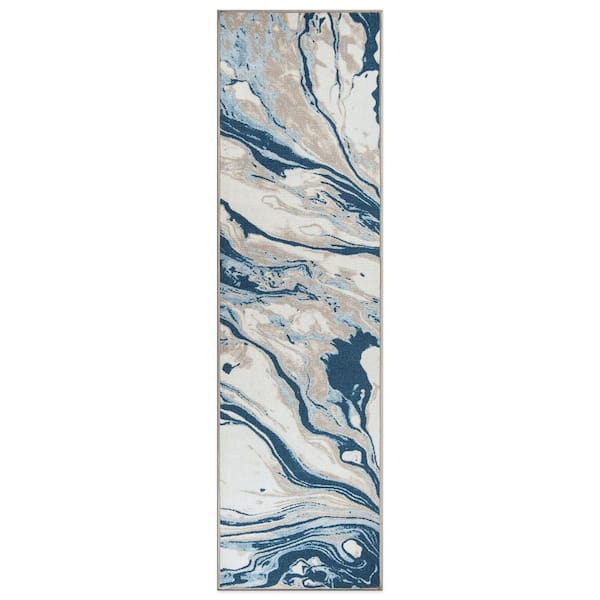 Contemporary Watercolor Blue 2 ft. x 7 ft. Wave Abstract Non Slip Runner Rug