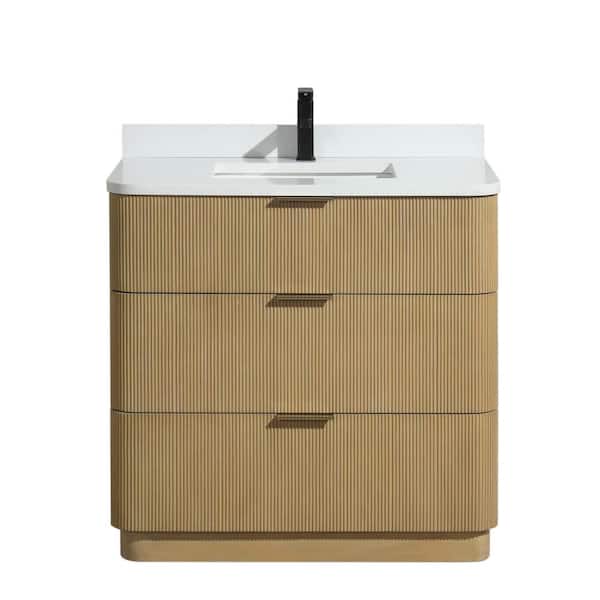 Ari Kitchen and Bath Calamigo 36 W x 22 in D x 34.5 H Single Bath Vanity in Oak with Engineered Quartz Top in White with White Basin