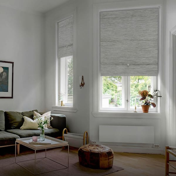 Ivory No Drill Cordless 99.99% Blackout Natural Woven Magnetic Roman Shades, 35 in. W x 65 in. L