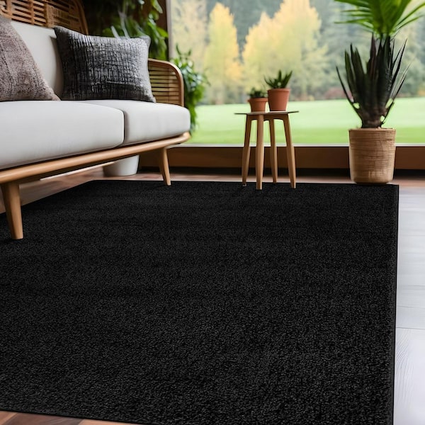 Silky 3 ft. x 5 ft. Black Solid Plus Thick Pile Non Slip Easy Clean Non Shedding Modern Indoor Area Rug