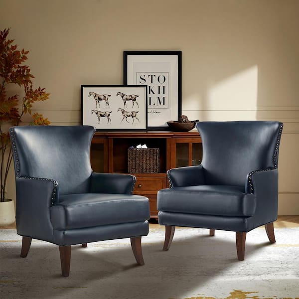 Bonnot Transitional Navy Faux Leather Wingback Armchair with Nailhead Trim and T-Cushion (Set of 2)