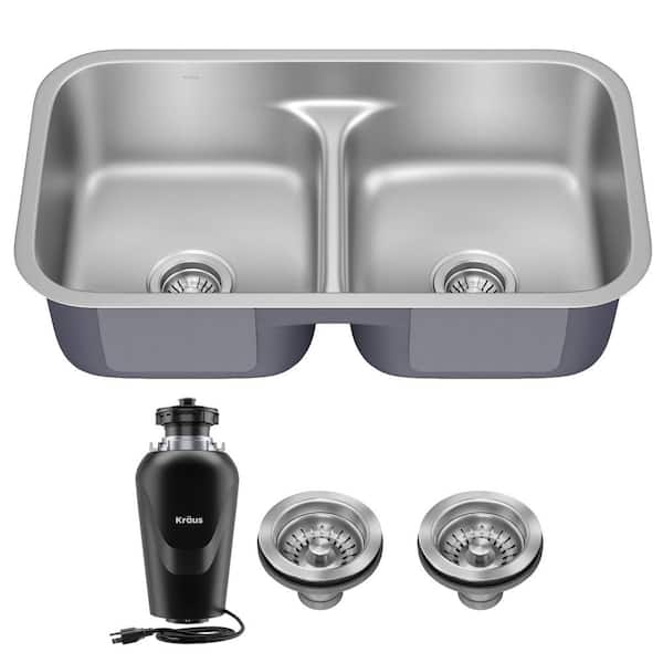 Premier 18 Gauge Stainless Steel 32 in. 50/50 Double Bowl Undermount Kitchen Sink with WasteGuard Garbage Disposal