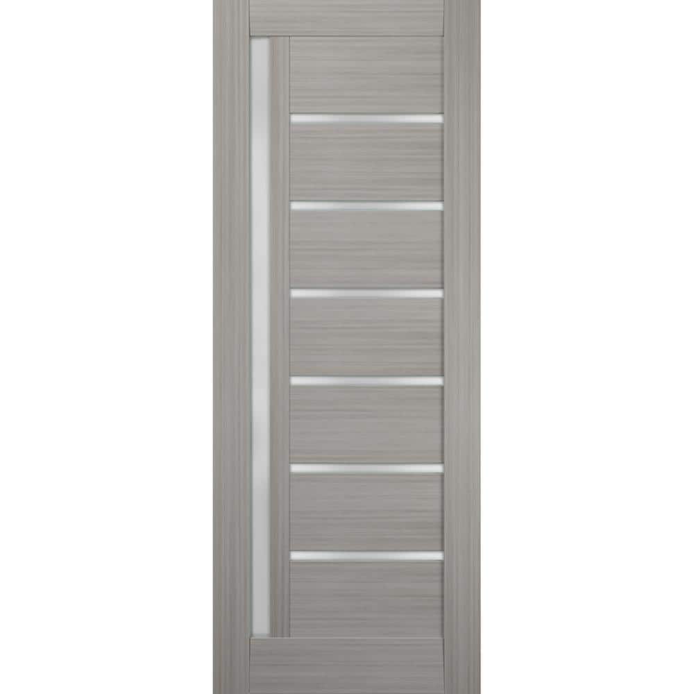 Grey Ash Pine Barn Door with Frosted Glass Panels, 32 x 84 Inches