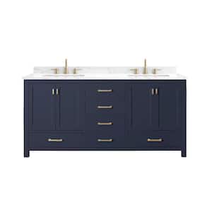 Modero 73 in. W x 22 in. D Bath Vanity in Navy Blue with Engineered Stone Vanity Top in Cala White with White Basins