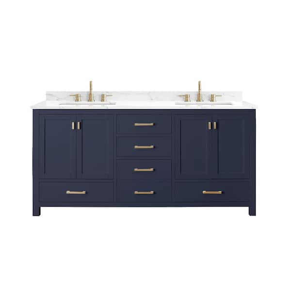 Avanity Modero 73 in. Double Sink Navy Blue Bath Vanity with Cala White Engineered Stone Top