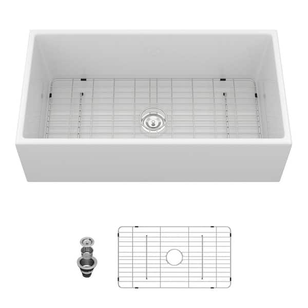 36 in. Apron-Front Single Bowl White Porcelain Ceramic Kitchen Farmhouse Sink with Stainless Steel Drain and Grid