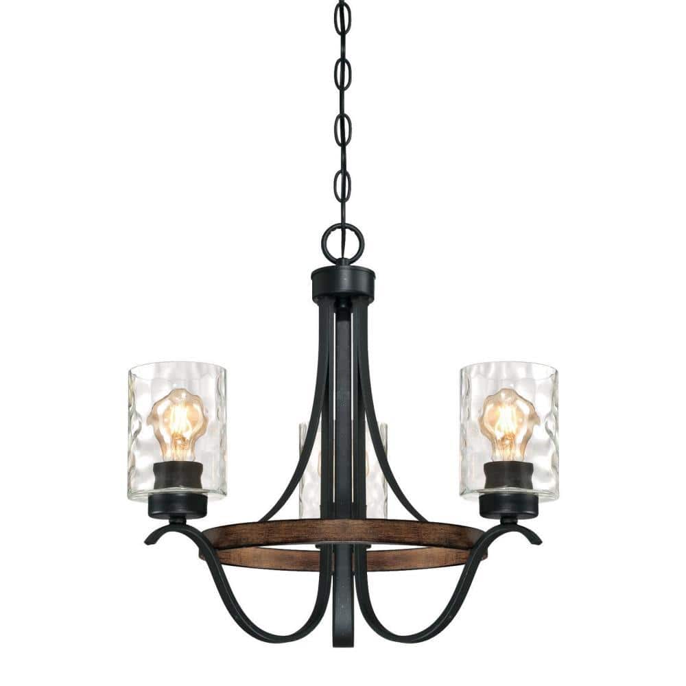 Barnwell Mini Three-Light Chandelier in Nickel and Barnwood