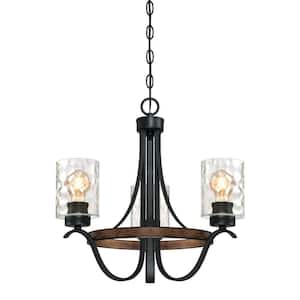 Barnwell 3-Light Textured Iron and Barnwood Chandelier with Clear Hammered Glass Shades