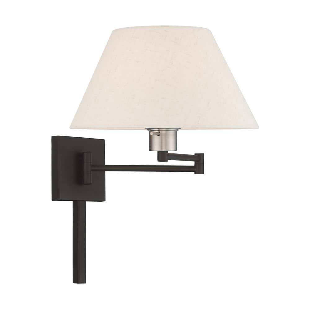 Classic Black Swing Arm Wall Lamp with Oatmeal Fabric Shade
