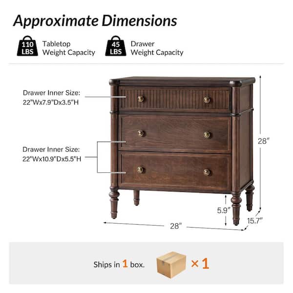 Roland Walnut 3-Drawer 28 in. W Nightstand with Built-In Charging Station