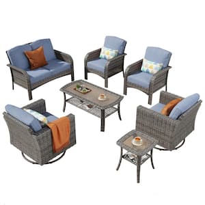 Missisi Gray 7-Piece Wicker Patio Conversation Set with Denim Blue Cushions and Swivel Chairs