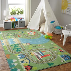 Train Track Play Green 5 ft. x 8 ft. Contemporary Area Rug