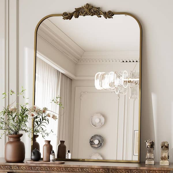 XRAMFY 24 in. W x 36 in. H Modern Rectangular Rounded-Top Brown Metal Framed with Carved Decoration Vanity Wall Mirror