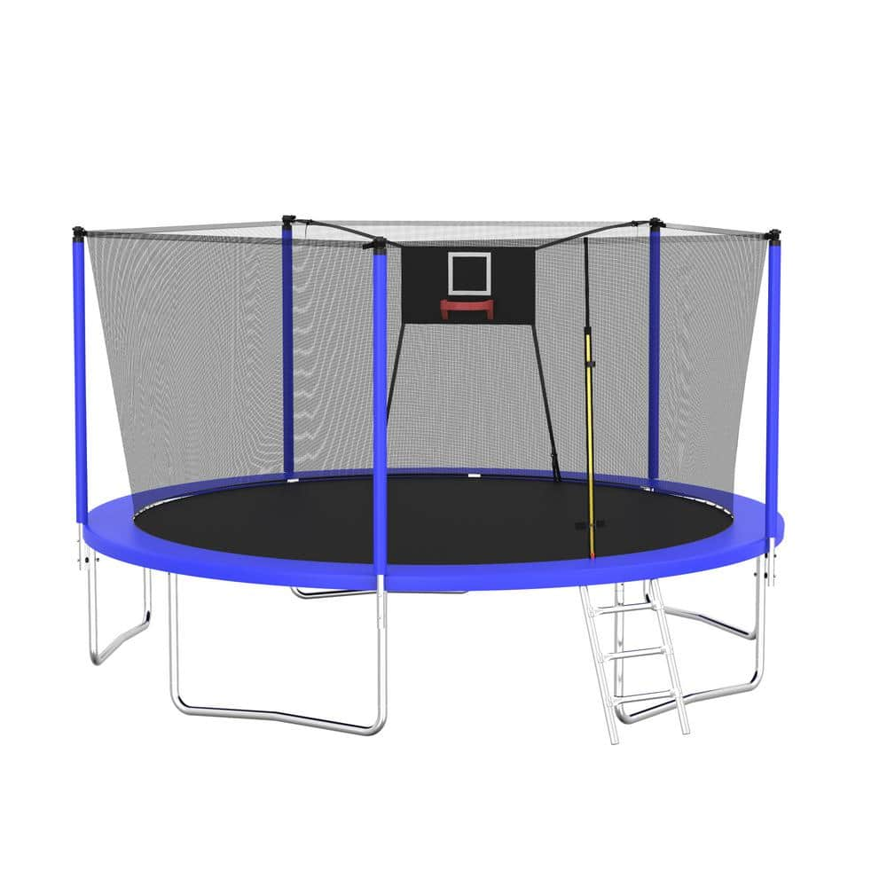 Boosicavelly 14 ft. Blue Galvanized Anti-Rust Outdoor Trampoline with Basketball Hoop and Ladder