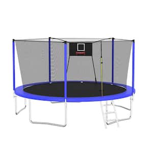 14 ft. Blue Galvanized Anti-Rust Outdoor Trampoline with Basketball Hoop and Ladder