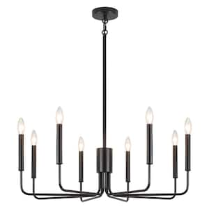 8-Light Black Height Adjustable Modern Linear Candlestick Chandelier, Hanging Light Fixture