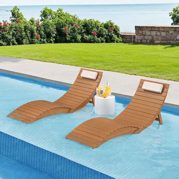 Brown Collapsible 1-Piece HDPS Plastic Outdoor Chaise Lounge with Headrest Cushion for Pool Loungers Up to 11 in. Deep