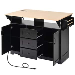 Black Large Wood 55.7 in. Kitchen Island on 5 Wheels with 2 Drop Leaf, Spice and Towel Rack and 3 Drawers