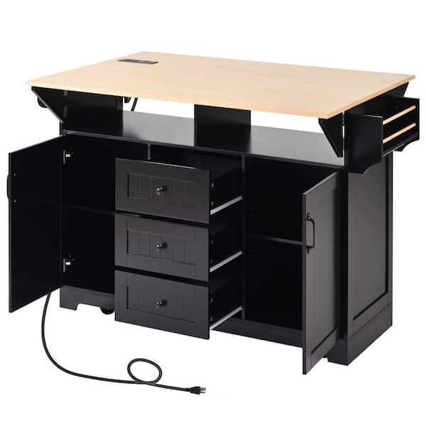 Cesicia Black Large Wood 55.7 in. Kitchen Island on 5 Wheels with 2 Drop Leaf, Spice and Towel Rack and 3 Drawers
